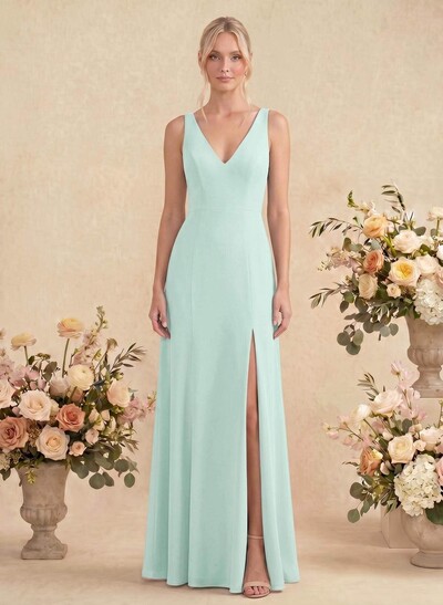 Simple Trumpet/Mermaid Plunge Neck Floor-Length Chiffon Bridesmaid With Split Front
