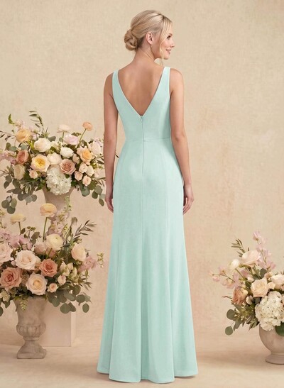 Simple Trumpet/Mermaid Plunge Neck Floor-Length Chiffon Bridesmaid With Split Front