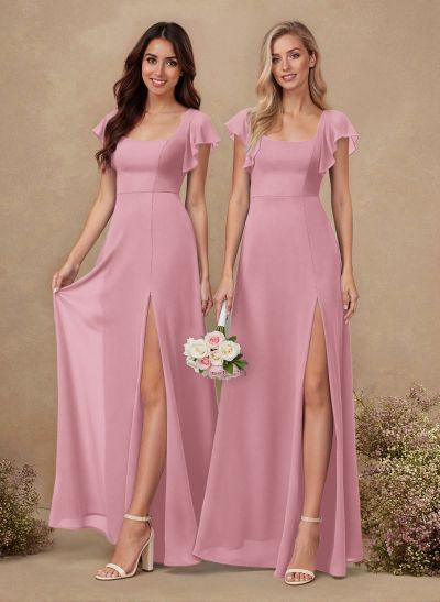 Sweet & Flow A-Line Square Neckline Chiffon Bridesmaid With Ruffle/Split Front