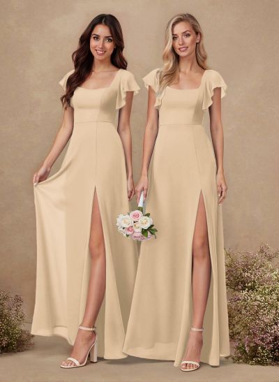 Sweet & Flow A-Line Square Neckline Chiffon Bridesmaid With Ruffle/Split Front