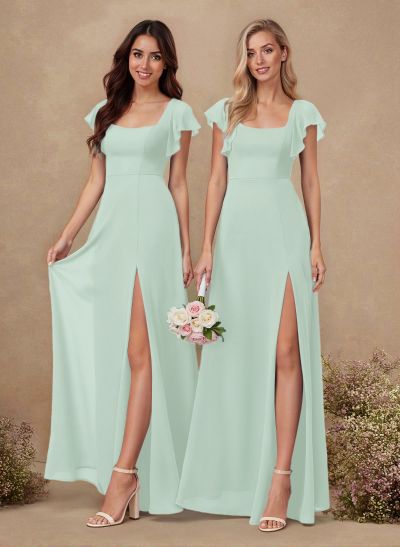 Sweet & Flow A-Line Square Neckline Chiffon Bridesmaid With Ruffle/Split Front