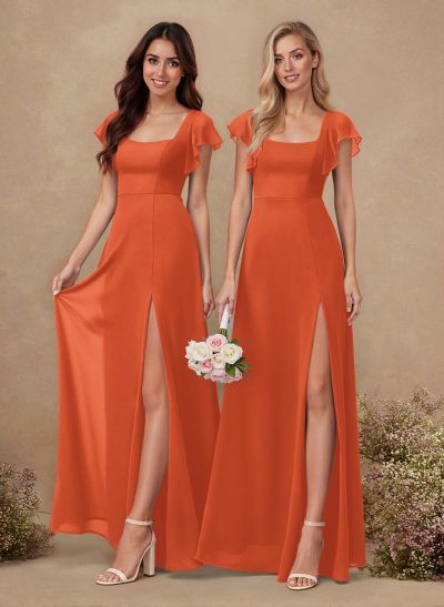 Sweet & Flow A-Line Square Neckline Chiffon Bridesmaid With Ruffle/Split Front