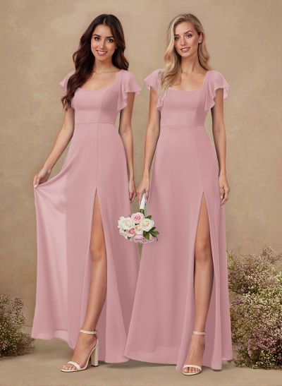 Sweet & Flow A-Line Square Neckline Chiffon Bridesmaid With Ruffle/Split Front