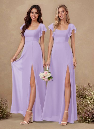 Sweet & Flow A-Line Square Neckline Chiffon Bridesmaid With Ruffle/Split Front