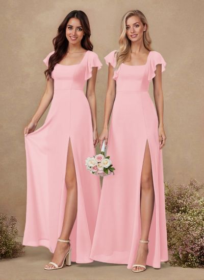 Sweet & Flow A-Line Square Neckline Chiffon Bridesmaid With Ruffle/Split Front
