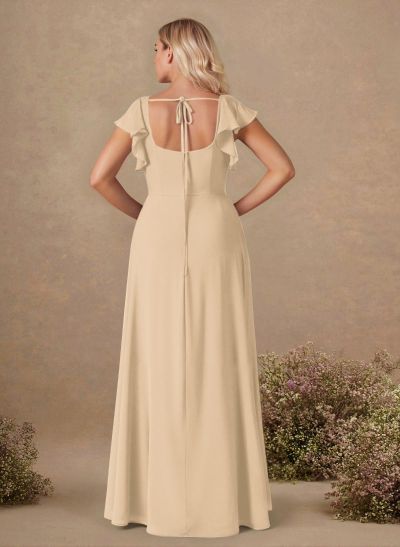 Sweet & Flow A-Line Square Neckline Chiffon Bridesmaid With Ruffle/Split Front