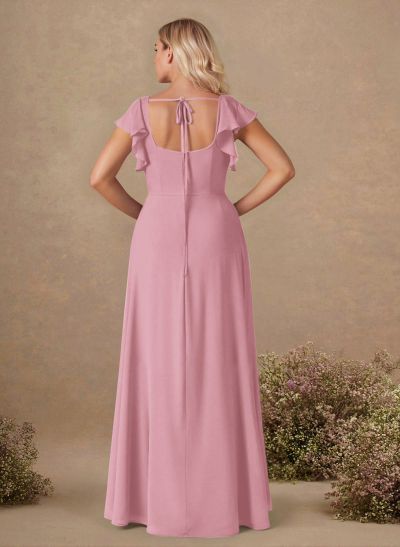 Sweet & Flow A-Line Square Neckline Chiffon Bridesmaid With Ruffle/Split Front