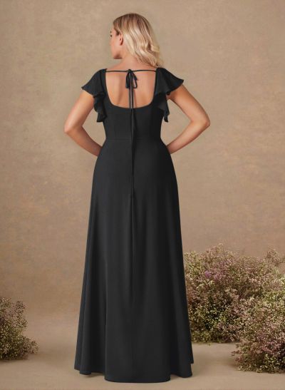 Sweet & Flow A-Line Square Neckline Chiffon Bridesmaid With Ruffle/Split Front
