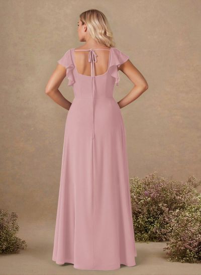 Sweet & Flow A-Line Square Neckline Chiffon Bridesmaid With Ruffle/Split Front