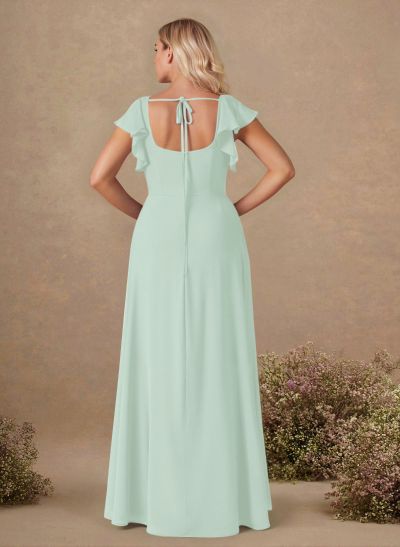 Sweet & Flow A-Line Square Neckline Chiffon Bridesmaid With Ruffle/Split Front