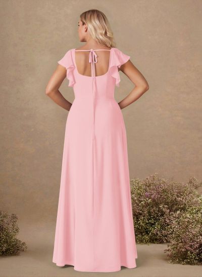 Sweet & Flow A-Line Square Neckline Chiffon Bridesmaid With Ruffle/Split Front