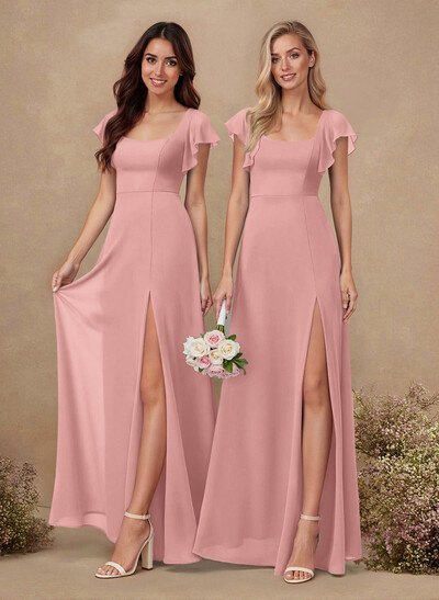 Sweet & Flow A-Line Square Neckline Chiffon Bridesmaid With Ruffle/Split Front