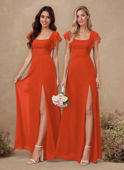 Sweet & Flow A-Line Square Neckline Chiffon Bridesmaid With Ruffle/Split Front