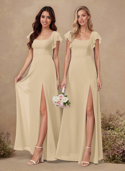Sweet & Flow A-Line Square Neckline Chiffon Bridesmaid With Ruffle/Split Front