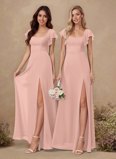 Sweet & Flow A-Line Square Neckline Chiffon Bridesmaid With Ruffle/Split Front