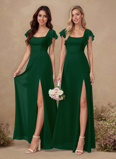 Sweet & Flow A-Line Square Neckline Chiffon Bridesmaid With Ruffle/Split Front