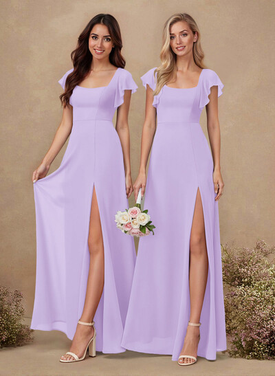 Sweet & Flow A-Line Square Neckline Chiffon Bridesmaid With Ruffle/Split Front