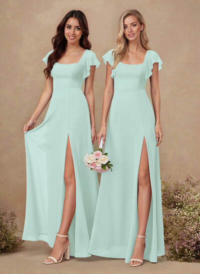 Sweet & Flow A-Line Square Neckline Chiffon Bridesmaid With Ruffle/Split Front