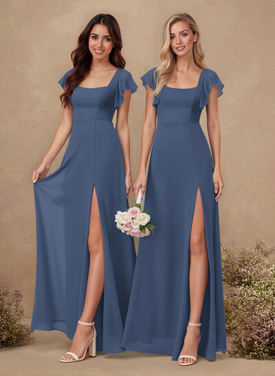 Sweet & Flow A-Line Square Neckline Chiffon Bridesmaid With Ruffle/Split Front