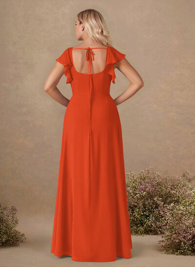 Sweet & Flow A-Line Square Neckline Chiffon Bridesmaid With Ruffle/Split Front