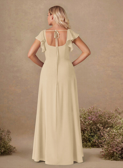 Sweet & Flow A-Line Square Neckline Chiffon Bridesmaid With Ruffle/Split Front
