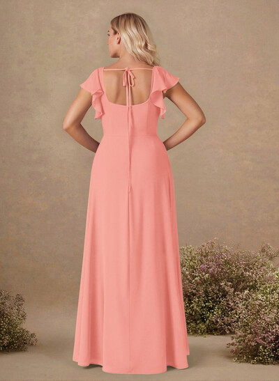 Sweet & Flow A-Line Square Neckline Chiffon Bridesmaid With Ruffle/Split Front