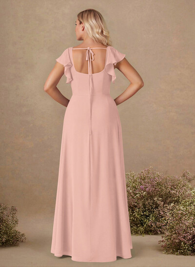 Sweet & Flow A-Line Square Neckline Chiffon Bridesmaid With Ruffle/Split Front