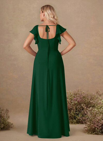 Sweet & Flow A-Line Square Neckline Chiffon Bridesmaid With Ruffle/Split Front