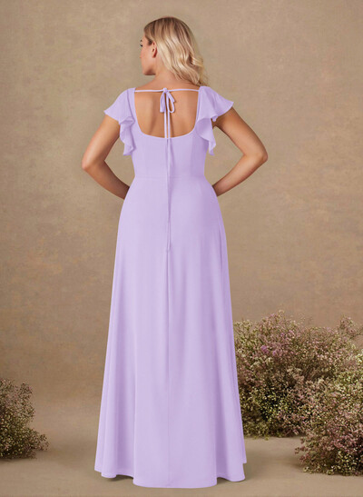 Sweet & Flow A-Line Square Neckline Chiffon Bridesmaid With Ruffle/Split Front