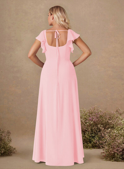 Sweet & Flow A-Line Square Neckline Chiffon Bridesmaid With Ruffle/Split Front