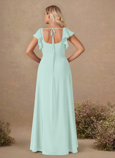 Sweet & Flow A-Line Square Neckline Chiffon Bridesmaid With Ruffle/Split Front