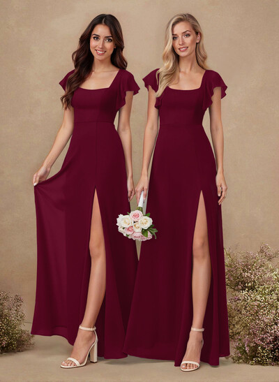 Sweet & Flow A-Line Square Neckline Chiffon Bridesmaid With Ruffle/Split Front