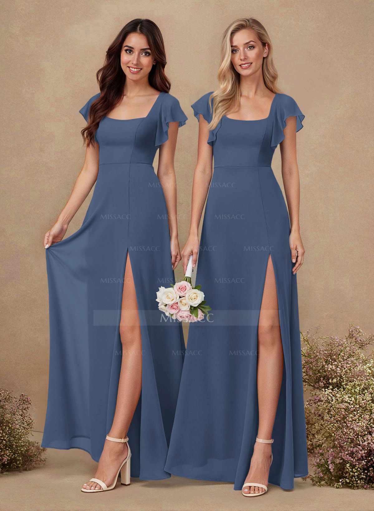 Sweet & Flow A-Line Square Neckline Chiffon Bridesmaid With Ruffle/Split Front