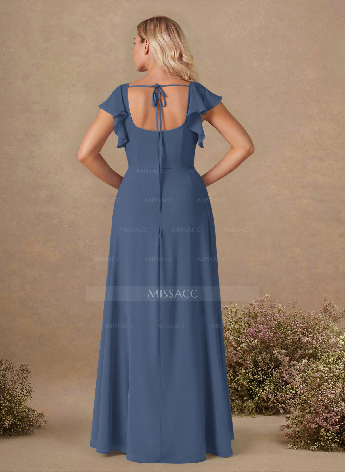 Sweet & Flow A-Line Square Neckline Chiffon Bridesmaid With Ruffle/Split Front