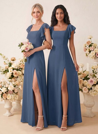 Sweet & Flow A-Line Square Neckline Chiffon Bridesmaid With Ruffle/Split Front