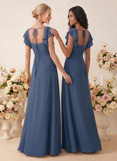 Sweet & Flow A-Line Square Neckline Chiffon Bridesmaid With Ruffle/Split Front