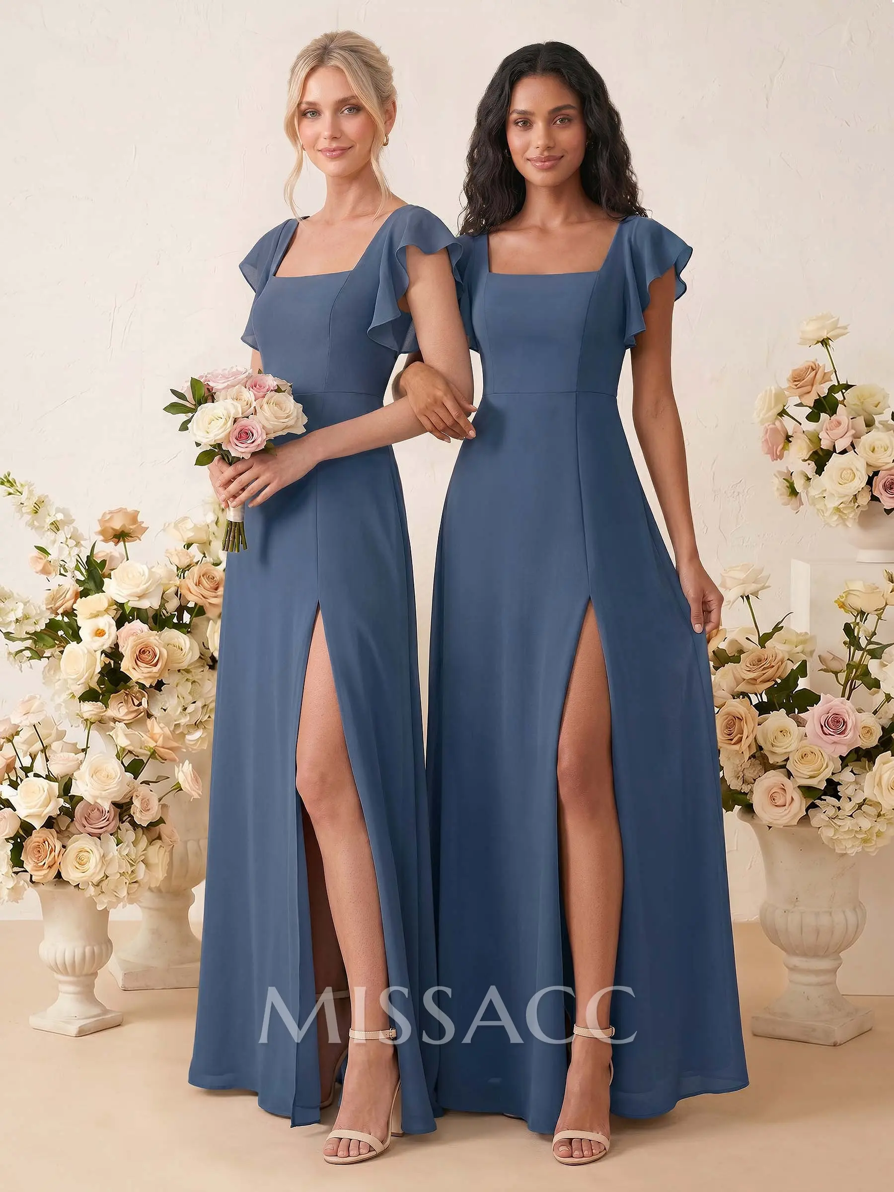 a-line square floor-length chiffon bridesmaid dress with ruffle Missacc Dark Navy Sweet & Flow Neckline Bridesmaid Ruffle/Split Front A-line Navy Blue Velvet no:Z029031 infusing the design with size:8