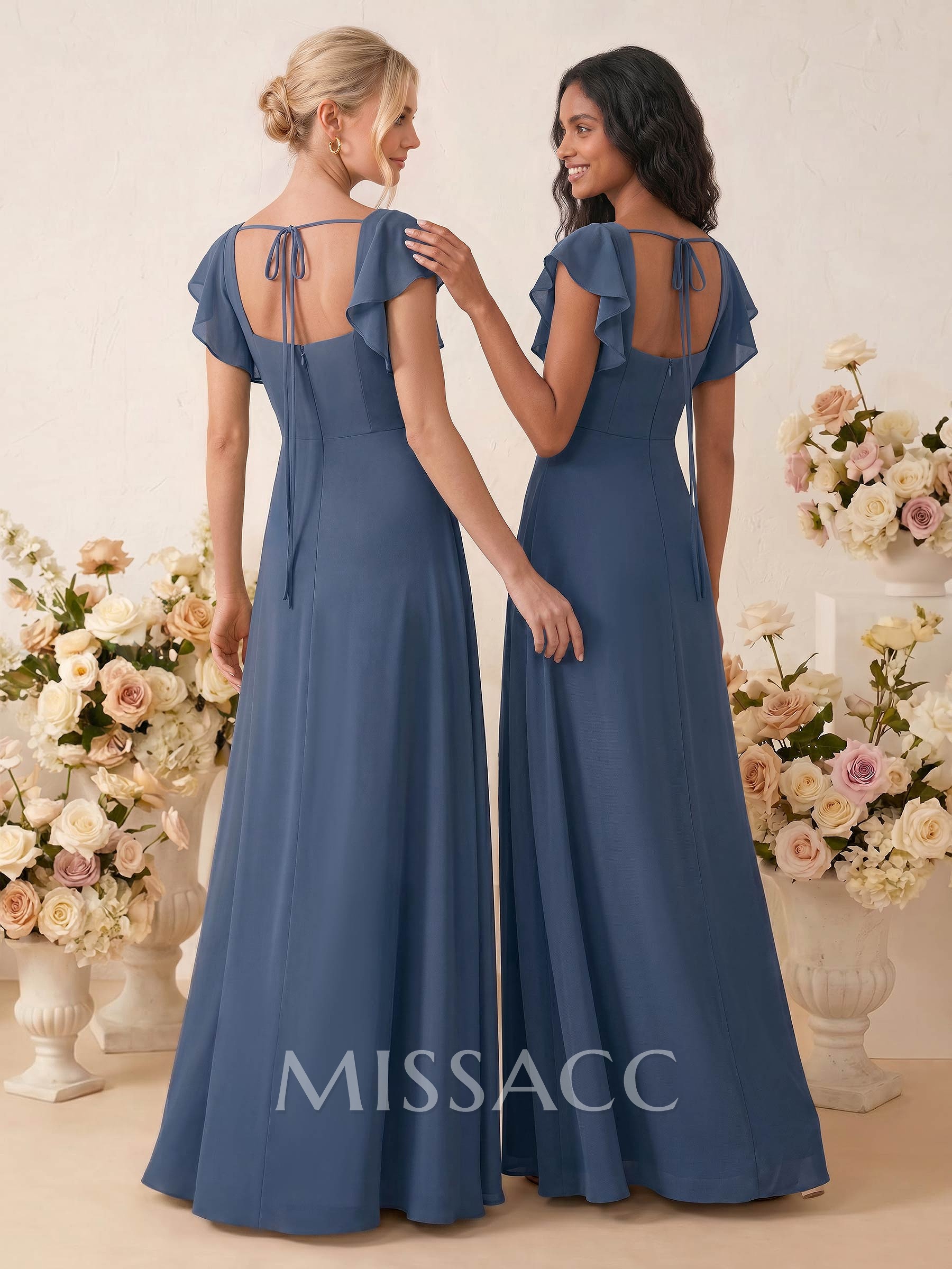 Sweet & Flow A-Line Square Neckline Chiffon Bridesmaid With Ruffle/Split Front Sweet & Flow A-Line Square Neckline Chiffon Bridesmaid With Ruffle/Split Front