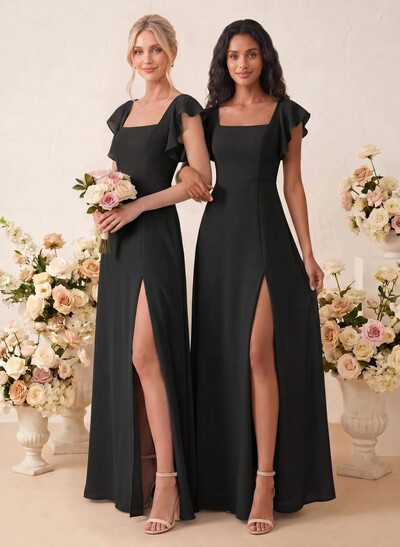 Sweet & Flow A-Line Square Neckline Chiffon Bridesmaid With Ruffle/Split Front