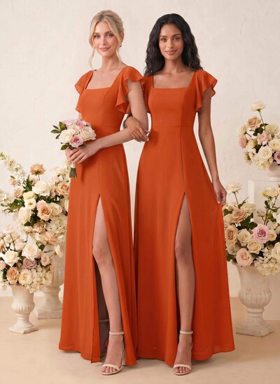 Sweet & Flow A-Line Square Neckline Chiffon Bridesmaid With Ruffle/Split Front