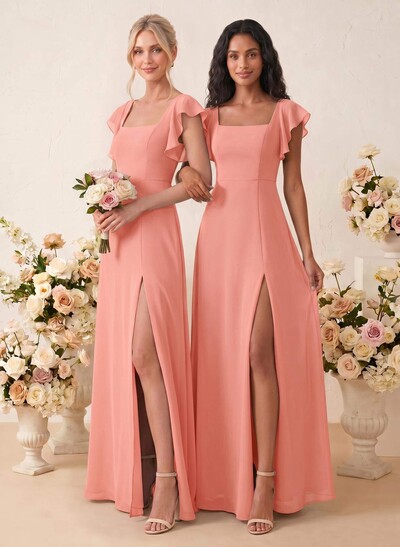 Sweet & Flow A-Line Square Neckline Chiffon Bridesmaid With Ruffle/Split Front