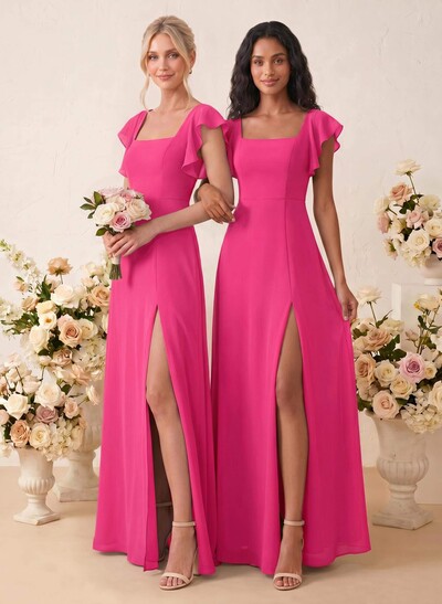Sweet & Flow A-Line Square Neckline Chiffon Bridesmaid With Ruffle/Split Front