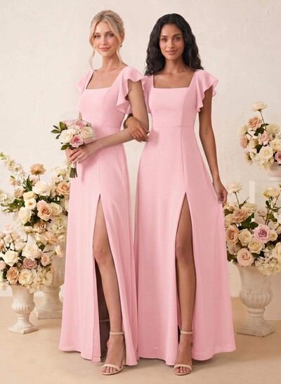 Sweet & Flow A-Line Square Neckline Chiffon Bridesmaid With Ruffle/Split Front