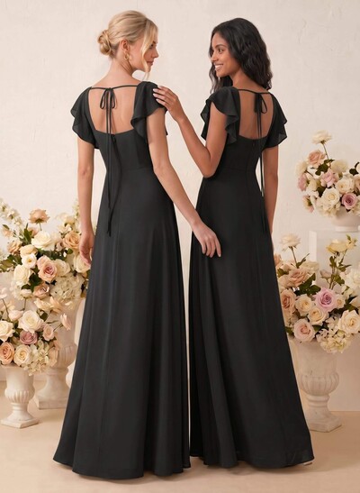 Sweet & Flow A-Line Square Neckline Chiffon Bridesmaid With Ruffle/Split Front