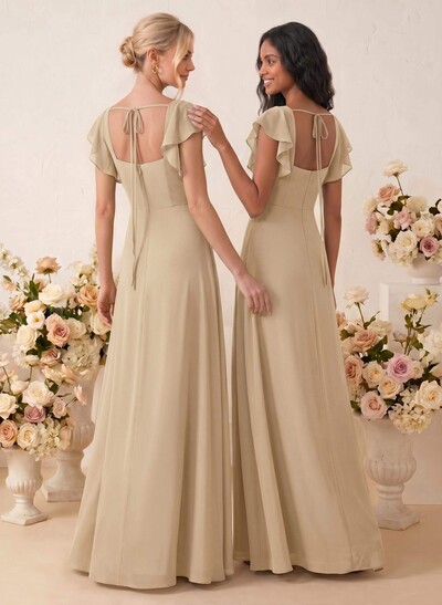 Sweet & Flow A-Line Square Neckline Chiffon Bridesmaid With Ruffle/Split Front