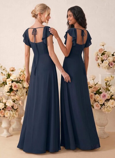 Sweet & Flow A-Line Square Neckline Chiffon Bridesmaid With Ruffle/Split Front