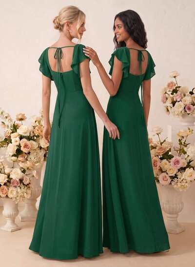 Sweet & Flow A-Line Square Neckline Chiffon Bridesmaid With Ruffle/Split Front