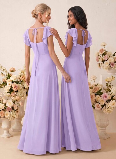 Sweet & Flow A-Line Square Neckline Chiffon Bridesmaid With Ruffle/Split Front
