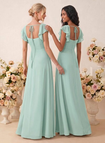 Sweet & Flow A-Line Square Neckline Chiffon Bridesmaid With Ruffle/Split Front