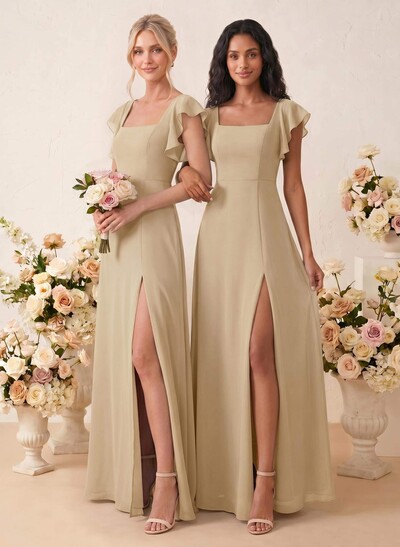 Sweet & Flow A-Line Square Neckline Chiffon Bridesmaid With Ruffle/Split Front